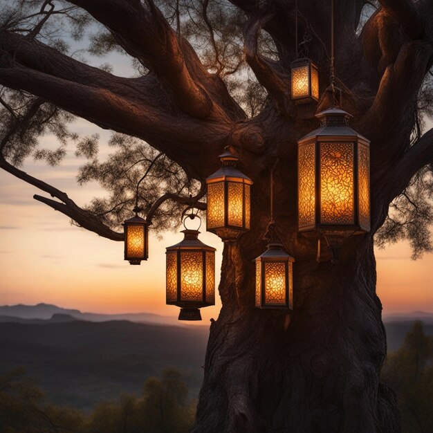 Photo des lanternes éclairées suspendues à de vieilles branches d'arbres