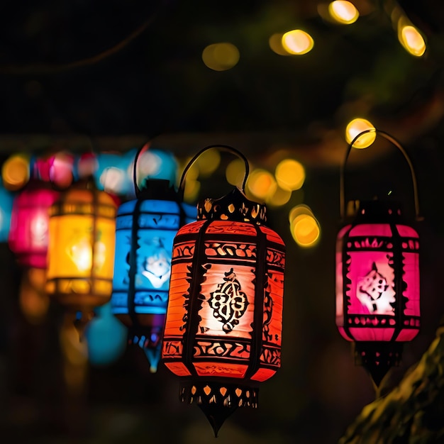 Photo les lanternes d'eid éclairant la nuit générées par l'ia