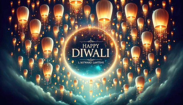 Les lanternes éthériques de Diwali dans le ciel embrassent le souhait de "Happy Diwali"