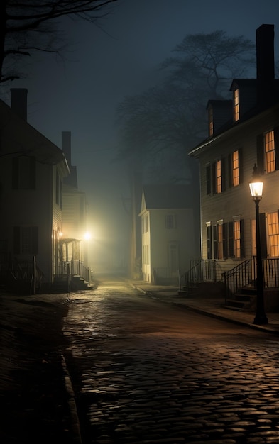 Des lanternes en feu dans une petite ville brumeuse.