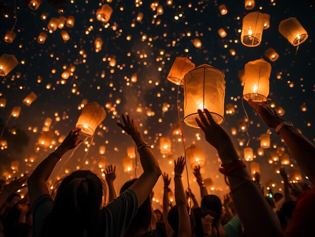 Des lanternes de feu traditionnelles sont libérées dans le ciel nocturne pendant le festival de Yeepeng