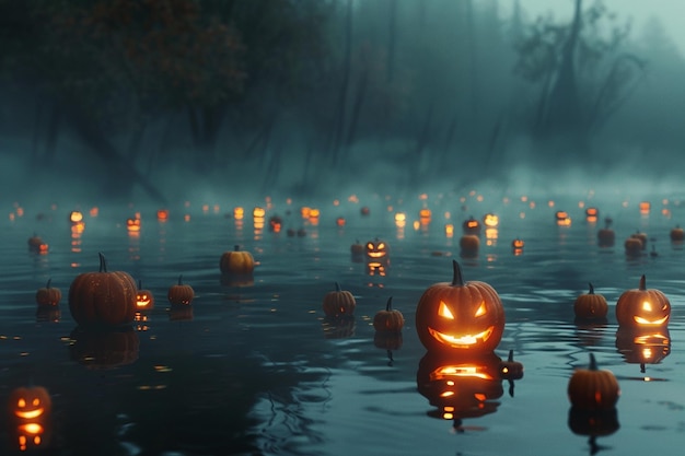 Des lanternes flottant sur un lac brumeux jetant l'épouvante