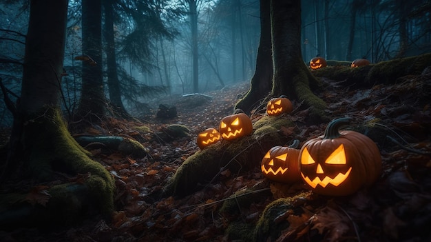 Lanternes et guirlandes de fête d'Halloween sur une table dans une forêt brumeuseSquelettes et citrouillesIA générative