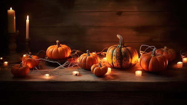 Lanternes et guirlandes de fête d'Halloween sur une table dans une forêt brumeuseSquelettes et citrouillesIA générative