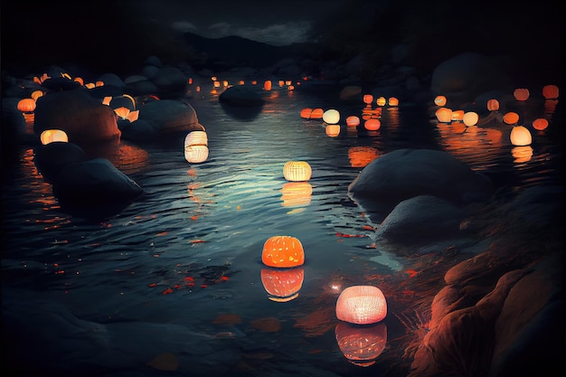 Lanternes japonaises flottant sur le lit de la rivière