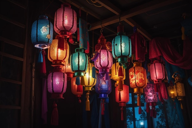 Lanternes lumineuses colorées suspendues dans la chambre noire Festival des lanternes chinoises Festival chinois de la lune