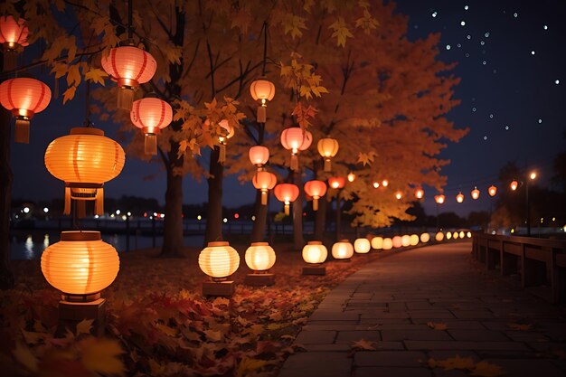 Des lanternes lumineuses éclairent une scène nocturne d'automne générée