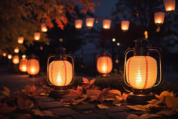 Des lanternes lumineuses éclairent une scène nocturne d'automne générée