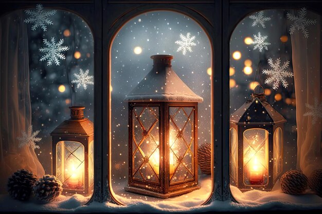 Lanternes de Noël sur la fenêtre avec des flocons de neige et un sapin de Noël créés avec une IA générative