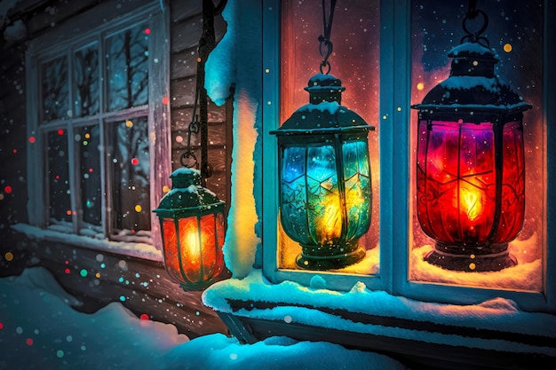 Lanternes de noël multicolores lumineuses sur la fenêtre de la maison dans la nuit d'hiver créées avec une ai générative