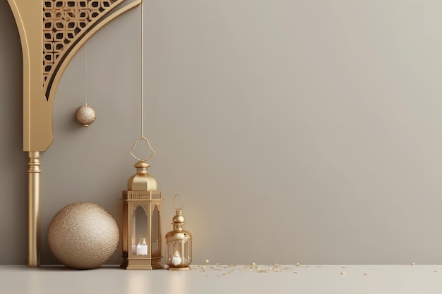 Lanternes d'or et un arbre de Noël sur une table