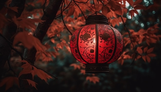 Des lanternes en papier ornées illuminent la célébration traditionnelle chinoise dans un décor naturel généré par l'IA