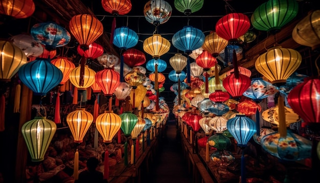 Des lanternes en papier vibrantes illuminent la célébration traditionnelle chinoise générée par l'IA