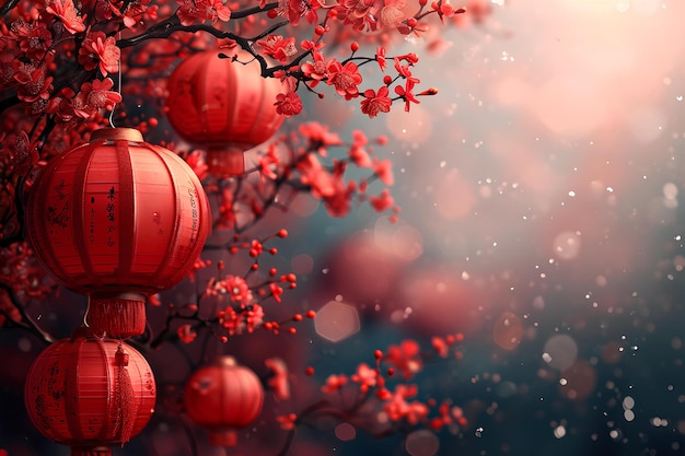 Lanternes rouges accrochées à un arbre entouré de neige et de fleurs