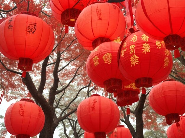 Des lanternes rouges du Nouvel An chinois accrochées à un arbre