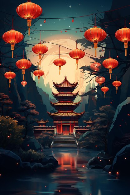 Des lanternes rouges sont accrochées dans la nuit sombre dans un jardin chinois.