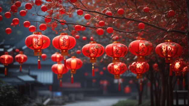 Lanternes rouges suspendues à un arbre