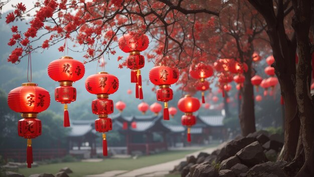 Lanternes rouges suspendues à un arbre