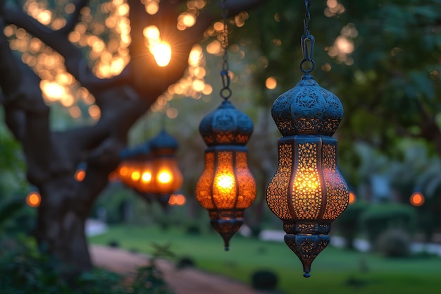 Lanternes suspendues arabes dans la nuit noire, avec une atmosphère musulmane, photographie professionnelle