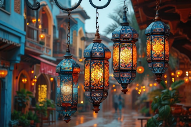 Lanternes suspendues arabes dans la nuit noire, avec une atmosphère musulmane, photographie professionnelle