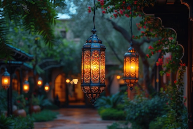 Lanternes suspendues arabes dans la nuit noire, avec une atmosphère musulmane, photographie professionnelle