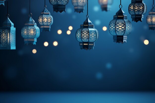 Des lanternes suspendues sur un bleu magnifique fond à motif arabesque avec un espace de copie
