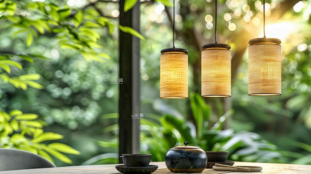 Des lanternes traditionnelles suspendues dans un jardin vert ajoutent une touche d'élégance et de chaleur à l'ambiance nocturne