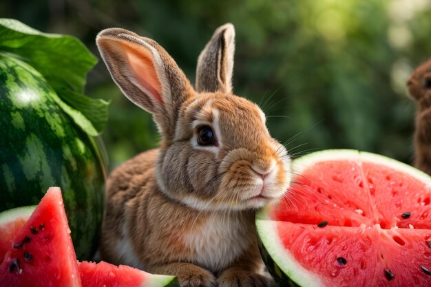 Un lapin adorable dégustant une pastèque