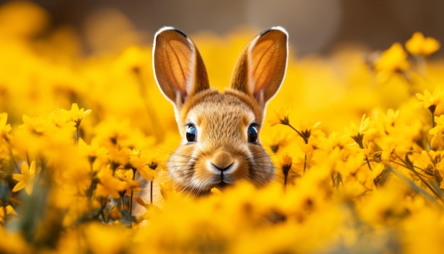 Un lapin adorable entouré de belles fleurs sur un fond de couleur unie parfait pour l'espace de copie