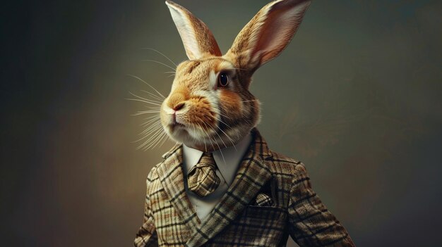Un lapin anthropomorphe vêtu d'un costume à la mode et posant avec confiance