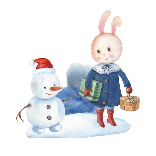 Photo lapin aquarelle et bonhomme de neige lièvre mignon avec des cadeaux illustration de noël