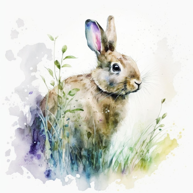 Un lapin aquarelle de Pâques avec des œufs et des fleurs