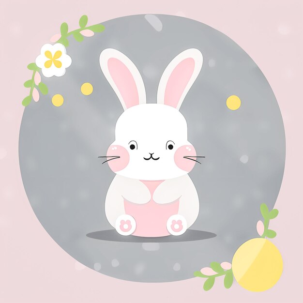 Un lapin avec un arc rose est assis devant un fond rose rond