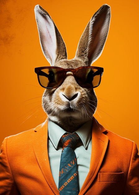 un lapin arrafé portant des lunettes et un costume avec une cravate générative ai
