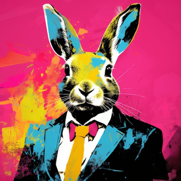 Un lapin d'art pop coloré dans un costume de street art