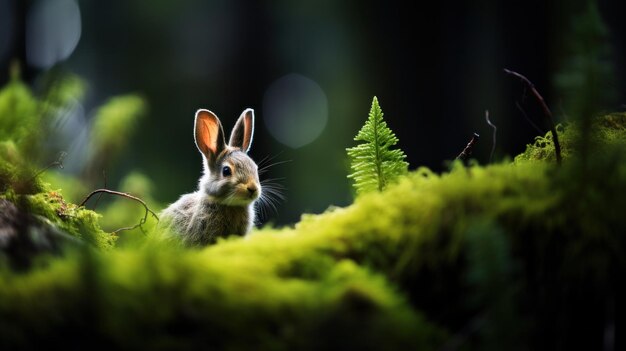 Un lapin assis au milieu d'une forêt de mousse