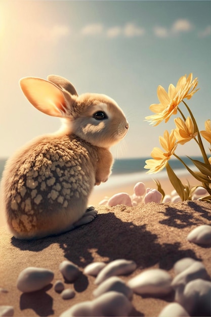 Lapin assis au sommet d'une plage de sable à côté d'une fleur générative ai