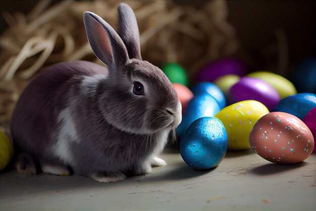 Un lapin assis à côté d'un tas d'eas colorés