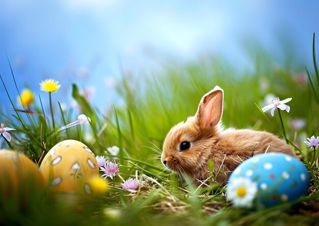 Le lapin assis dans l'herbe avec des œufs AI générative