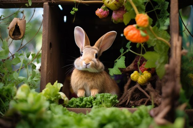 un lapin assis dans un jardin avec des plantes