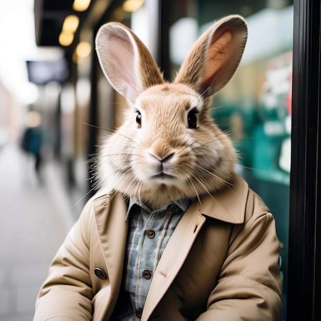 Un lapin assis dans un manteau et attendant quelqu'un Un lapin asseyé dans un maillot et attendant quelque chose