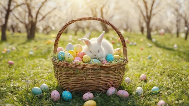Un lapin assis dans un panier rempli d'œufs