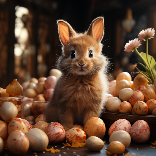 un lapin assis devant un panier d'œufs avec des fleurs en arrière-plan