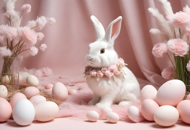 Un lapin assis parmi les œufs de Pâques avec un fond drapé rose