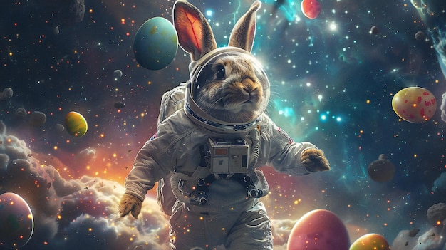 Un lapin astronaute avec des œufs multicolores