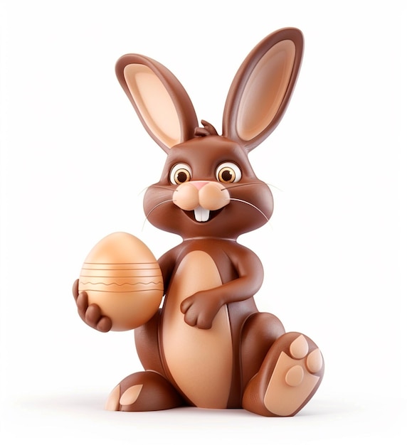 Un lapin au chocolat 3D tenant un œuf de Pâques