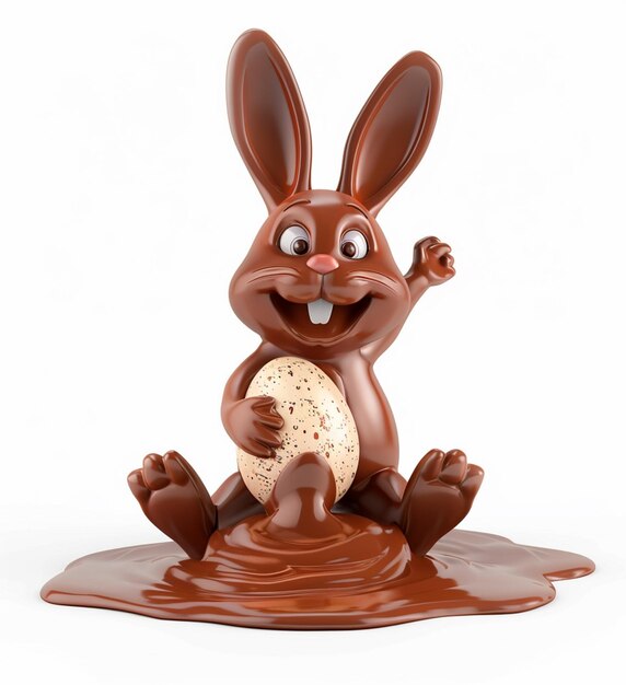 Photo un lapin au chocolat assis dans de la sauce au chocolat tenant un œuf de pâques 3d