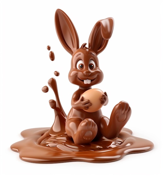 Un lapin au chocolat assis dans de la sauce au chocolat tenant un œuf de Pâques 3D