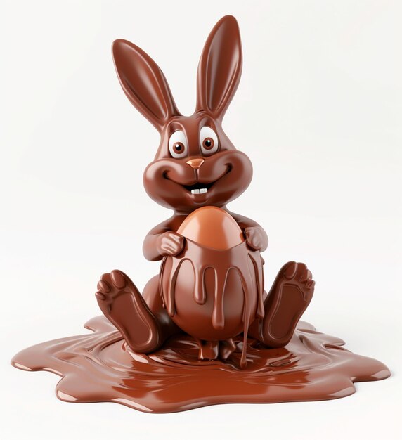 Un lapin au chocolat assis dans de la sauce au chocolat tenant un œuf de Pâques 3D