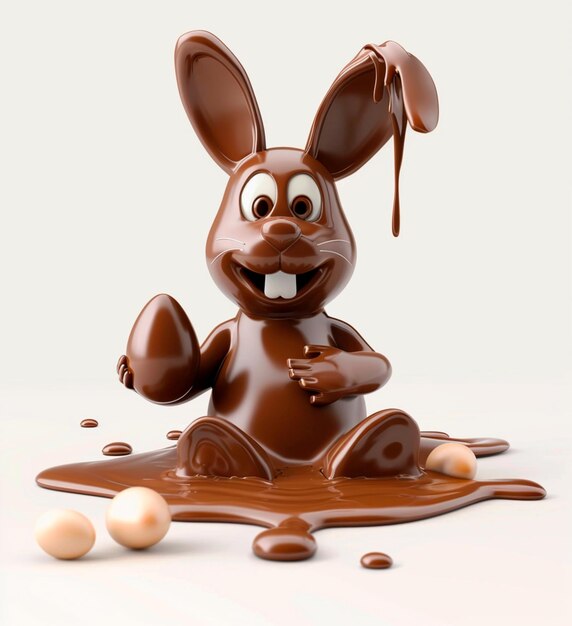 Un lapin au chocolat assis dans de la sauce au chocolat tenant un œuf de Pâques 3D